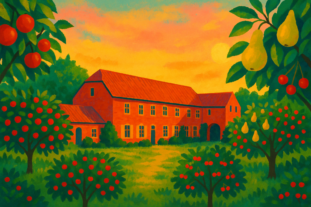 Clos St Denis surrounded by fruit orchards